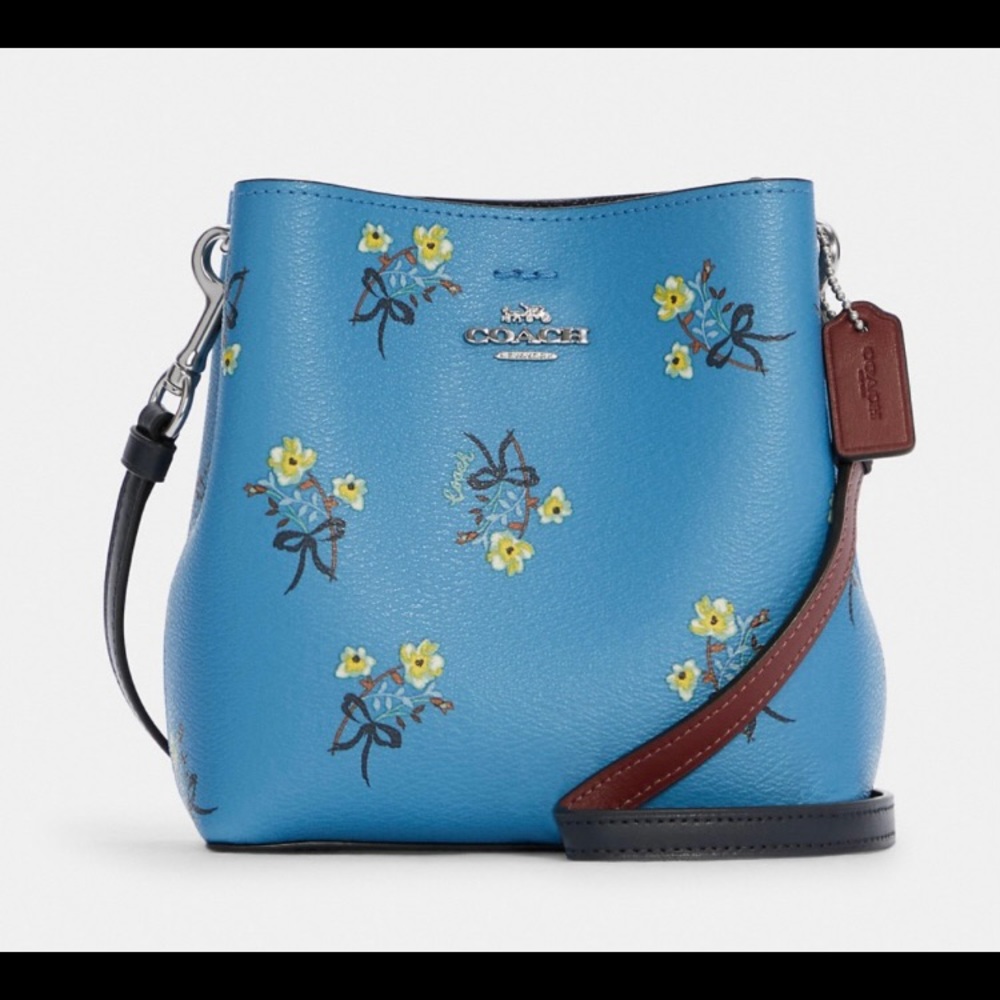 Coach Mini Town Bucket Bag In Floral Bow Print Canvas Purse Crossbody Bag Blue